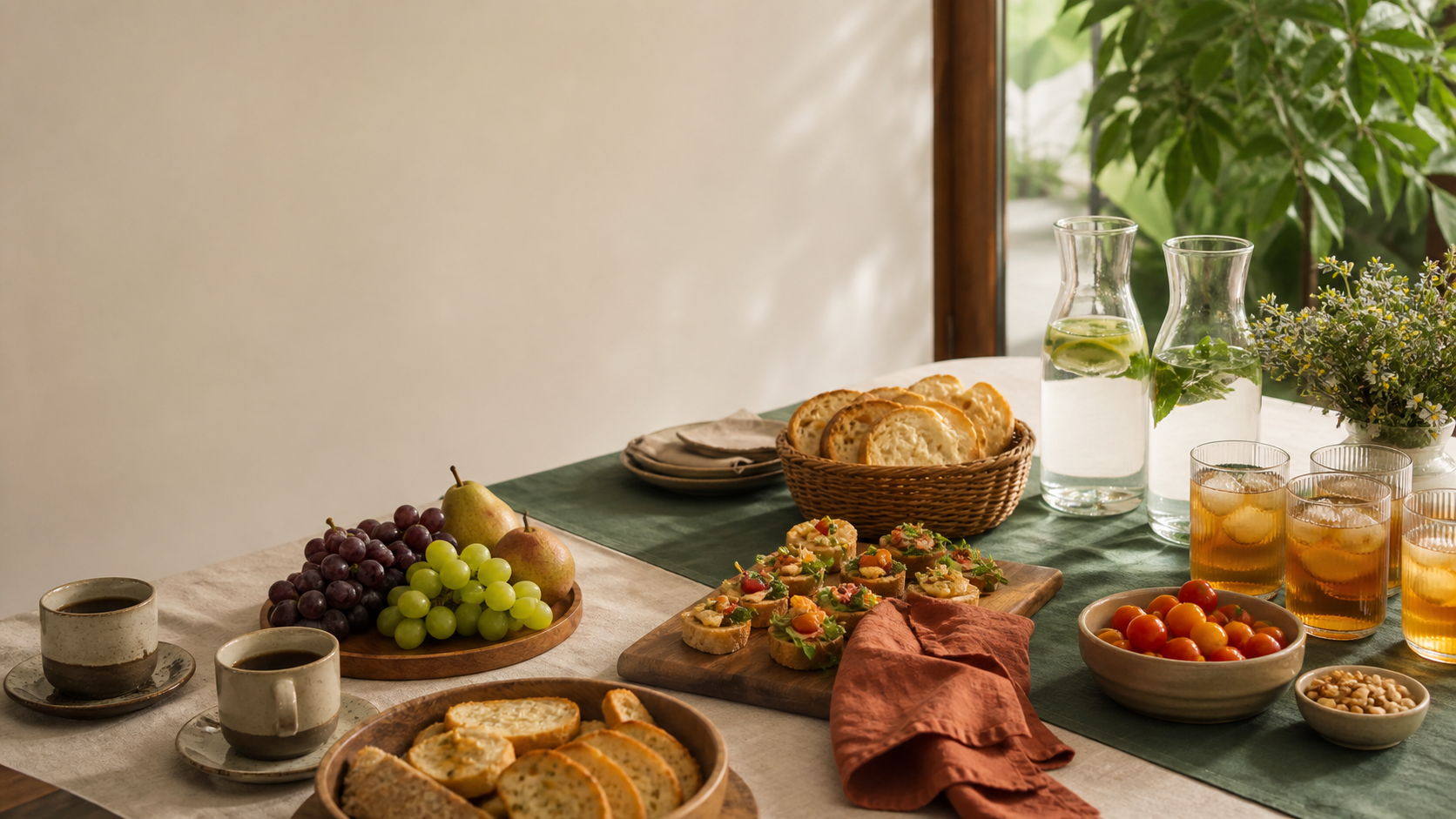 Mesa organizada para una reunión en casa con bocados, agua, bebidas sin alcohol y café.
